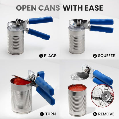 Zulay Kitchen Heavy Duty Stainless Steel Can Opener Manual with Bottle Opener - Rust Proof Manual Can Opener With Turn Knob & Comfy Soft Grip Handles - Royal Blue