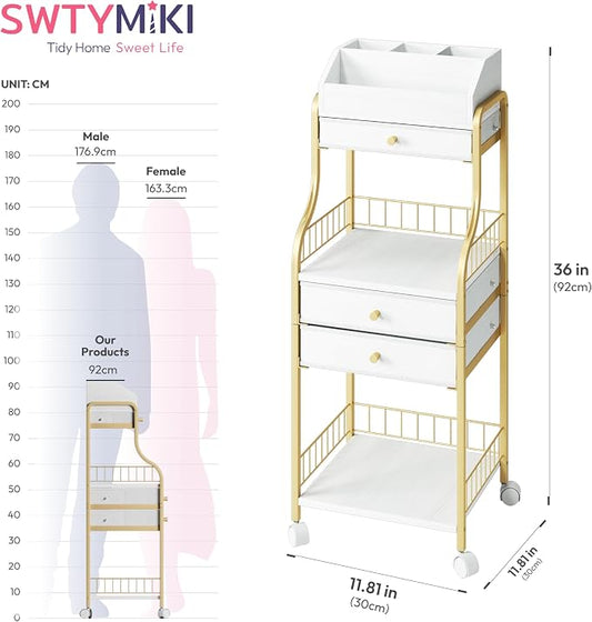 SWTYMIKI Rolling Makeup Organizer Cart - Floor Skincare Storage with Non-woven Drawers, Vanity Organizer Cosmetic Display Cases with Wheels, Cabinet for Skin Care Perfume Nail Polish Brush Hair Tool