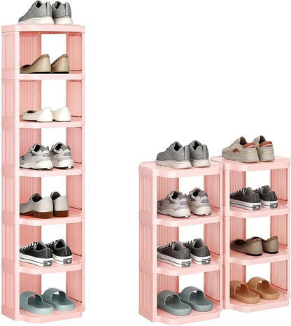 Kitstorack 8-Tier Vertical Plastic Shoe Rack, Freestanding Stackable Shoe Storage Organizer Cubes Shoe Shelf Tower or Small Closets and Tight Spaces, Pink