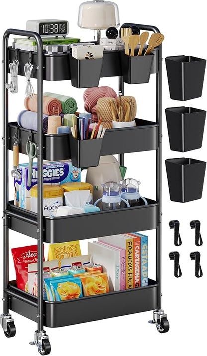 4 Tier Rolling Cart Metal with Wheels, Black Four Tiered Rolling Storage Cart on Wheels, Utility Roller Carts Organizer for Art, Craft, Baby Diaper Caddy, Snack, Book, Large-Capacity Shelving Units