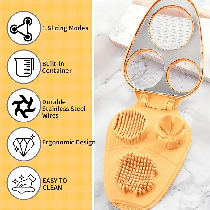 3 In 1 Egg Slicer for Hard Boiled Eggs with Cleaning Brush, Multipurpose 3-Way Cutter with 3 Slice Modes, Heavy Duty, Hard Boiled Egg Cutter & Fruit Slicer, Dishwasher Safe (Yellow)