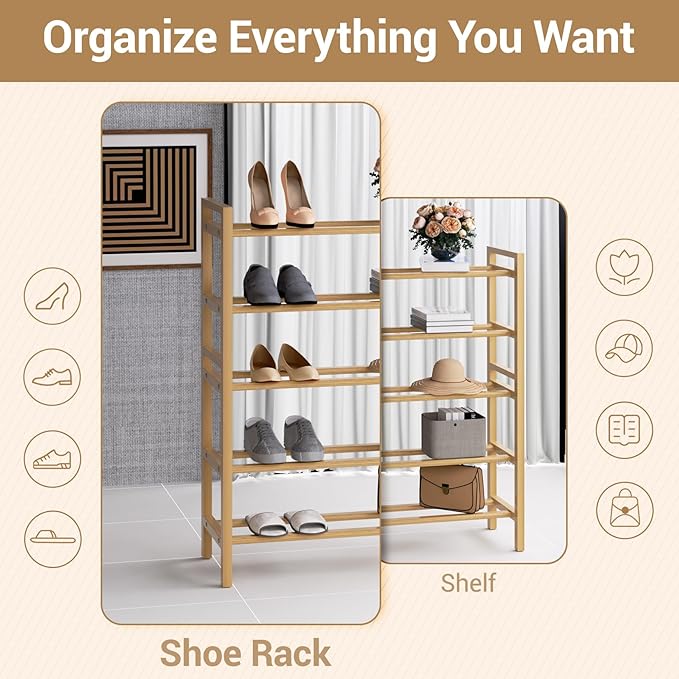 Haddockway Bamboo Shoe Rack for Closet, Free Standing Shoe Organizer with Smooth Round Rods & Convenient Handles, Stackable Shoe Storage Shelf for Entryway, Hallway(Natural, 5-Tier(Small))