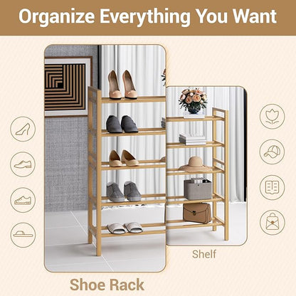 Haddockway Bamboo Shoe Rack for Closet, Free Standing Shoe Organizer with Smooth Round Rods & Convenient Handles, Stackable Shoe Storage Shelf for Entryway, Hallway(Natural, 5-Tier(Small))