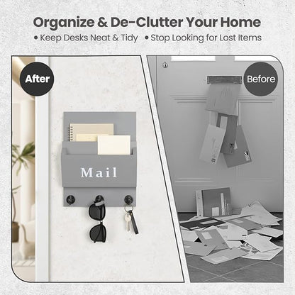 Mail and Key Holder - Decorative 8.86" x 11.42" Wall Key Hanger with 2 Mail Organizer Slots and 3 Hooks - Real Paulownia Wood with Keyhole Brackets, Hardware and Instructions (Gray)