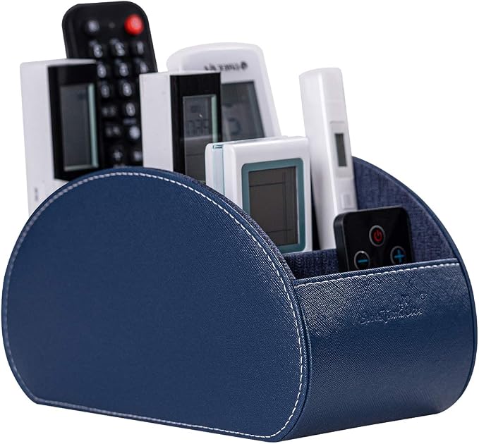 Remote Control Holders Organizer Box with 5 Compartment PU Leather Multi-functional Office Desk Storage Caddy Store Tv Remote for Media Player,Brush,Pencil,Glassees&Office Supplies (Dark Blue)