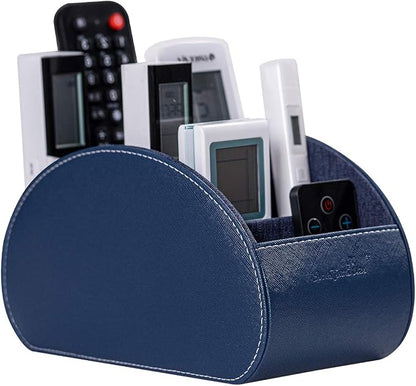 Remote Control Holders Organizer Box with 5 Compartment PU Leather Multi-functional Office Desk Storage Caddy Store Tv Remote for Media Player,Brush,Pencil,Glassees&Office Supplies (Dark Blue)