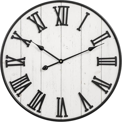 MODE HOME Large Rustic Wooden Wall Clock, 24 Inch Whitewashed Farmhouse Wall Clock with Carved Roman Numerals, Silent Battery Operated Round Vintage Clock for Living Room, Kitchen, Bedroom, Study Room