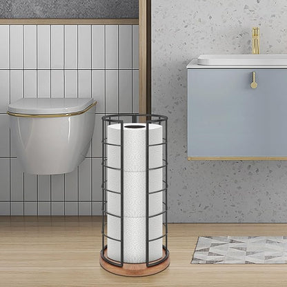 NearMoon Toilet Paper Organizer Stand, Freestanding 3 Rolls Tissue Storage, Metal Bathroom Accessory, Rustproof Toilet Roll Holder for Kitchen Countertop Inside Cabinet Shelf(Wooden Base, Matte Black)