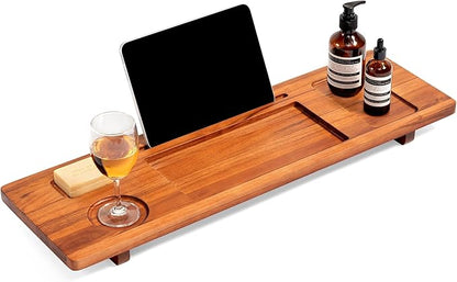 Teak Bathtub Tray for Freestanding Tubs - 29" Heavy-Duty Luxury Bath Caddy, Non-Slip Zero-Wobble Design, Water-Resistant Spa Organizer with Wine Glass & Phone Holder
