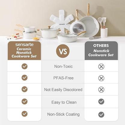 SENSARTE Nonstick Ceramic Cookware Set 16-Piece, Healthy Pots and Pans Set, Non-toxic Kitchen Cooking Set with Stay-Cool Handles, Silicone Utensils and Pot Protectors, PFAS/PTFE/PFOA Free