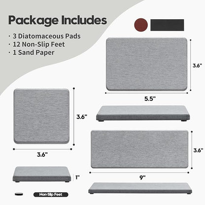 Razborci 3PCS Bathroom Sink Vanity Trays, Quick Stone Drying Mat Dish Soap Dispenser Sponge Holder for Kitchen Counter, Diatomaceous Earth Water Absorbing Caddy Organizer, Light Grey