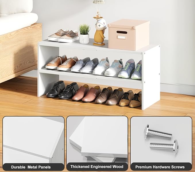 2 Pack White Shoe Rack for Closet, 2-Tier Expandable Small Shoe Shelf, Stackable Iron Wood Combination Shoe Organizer Racks Shelves for Closets, Entryway, Hallway, Garage, Holds 12-24 Pairs