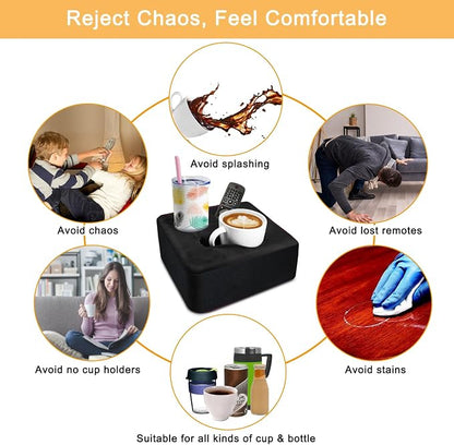 Couch Cup Holder Pillow Tray & Caddy - for Sofa, Bed, Car, Man Cave | Keep Drinks at Hand & Spill-Proof Accessories for New Parents, Camping, Park, Boat, Beach -Black