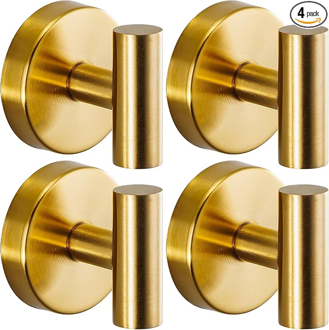 Suction Cup Hooks for Shower - Bathroom Reusable Hooks for Towels, Robes & Loofah - No-Drill Mounting on Kitchen,Walls,Metal,Glass,Mirrors,Tile & Smooth Non-Porous Surfaces (4, Brushed Gold)