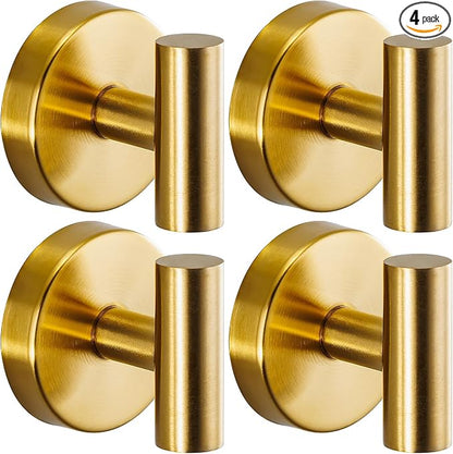 Suction Cup Hooks for Shower - Bathroom Reusable Hooks for Towels, Robes & Loofah - No-Drill Mounting on Kitchen,Walls,Metal,Glass,Mirrors,Tile & Smooth Non-Porous Surfaces (4, Brushed Gold)