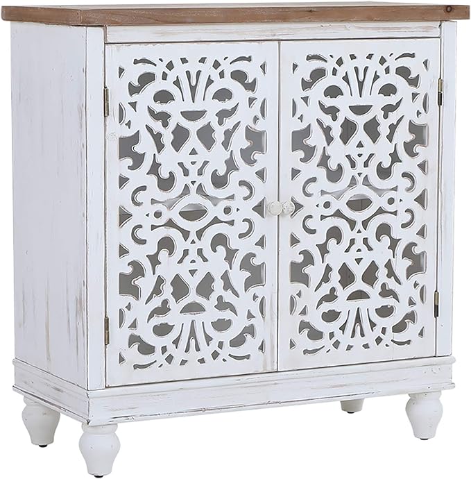 Sophia & William Accent Cabinet with Doors, Distressed Display Storage Cabinet with Wooden Frame and Hollow-Carved Floral Pattern for Entryway Living Room, White