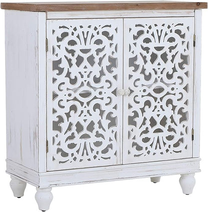 Sophia & William Accent Cabinet with Doors, Distressed Display Storage Cabinet with Wooden Frame and Hollow-Carved Floral Pattern for Entryway Living Room, White