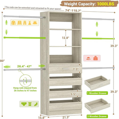 Aheaplus Closet System, 4-9Ft Closet Organizer with 4 Wooden Drawers, Wood Closet Organizer System with Tower, Walk-in Closet Organizer Wardrobe Garment Clothes Rack with 4 Hanging Rods, 2White Oak