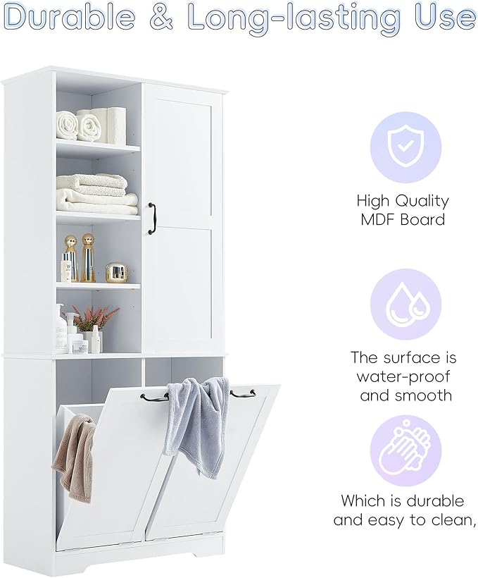Merax Tall Storage Cabinet with Door and Open Shelf, Multi-Functional Laundry Hamper Basket for Home Bathroom, Laundry Room, White