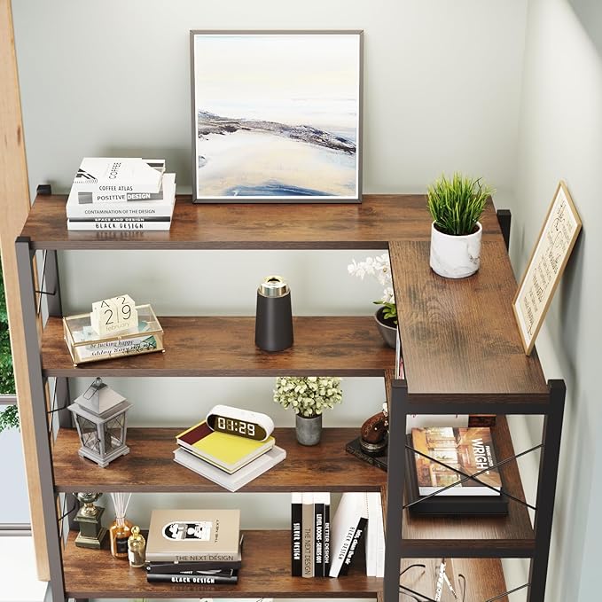 Wildhome 5-Shelf Corner Bookshelf, Vintage Industrial L-Shaped Bookshelf Etagere Bookcase, Large Book Shelf with Metal Frame Open Storage Corner Cabinet (Retro Brown-5 Shelf)