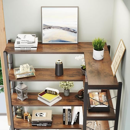 Wildhome 5-Shelf Corner Bookshelf, Vintage Industrial L-Shaped Bookshelf Etagere Bookcase, Large Book Shelf with Metal Frame Open Storage Corner Cabinet (Retro Brown-5 Shelf)