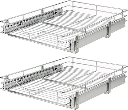 DINDON Pull Out Cabinet Organizer, (20" W x 18" D) Heavy-Duty Metal Sliding Drawer Shelf, Bathroom Under Sink Kitchen Cabinets Organizer and Storage Slide Out Shelves, Chrome, 1 Tier, 2 Pack