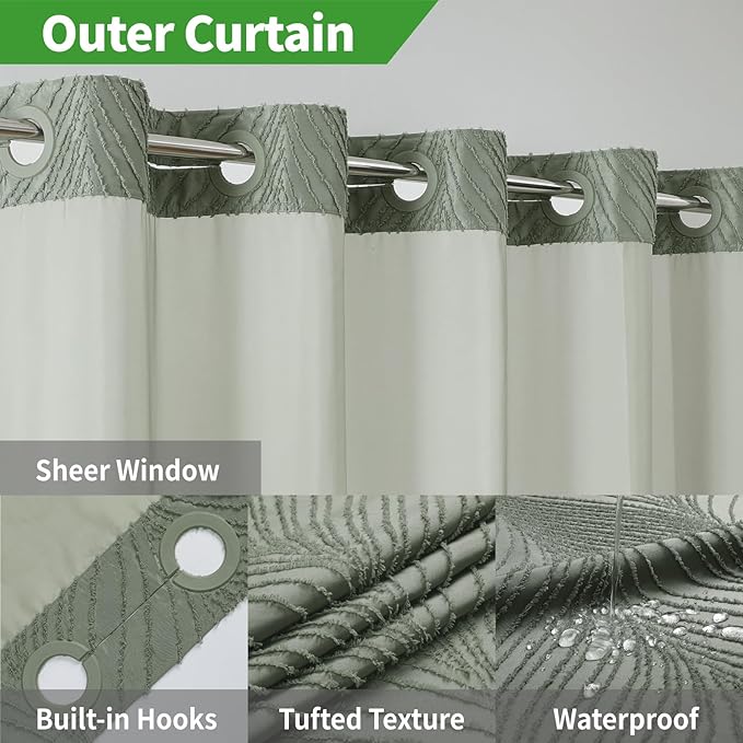 no Hook Shower Curtain and Liner Set，Boho Style with See Through Top Window, Black Fabric Tufted Striped Textured Outer Curtain & Waterproof Inner Liner, SageGreen, 71Wx80H