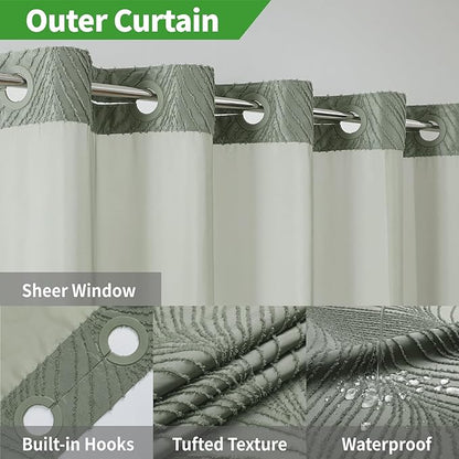 no Hook Shower Curtain and Liner Set，Boho Style with See Through Top Window, Black Fabric Tufted Striped Textured Outer Curtain & Waterproof Inner Liner, SageGreen, 71Wx80H