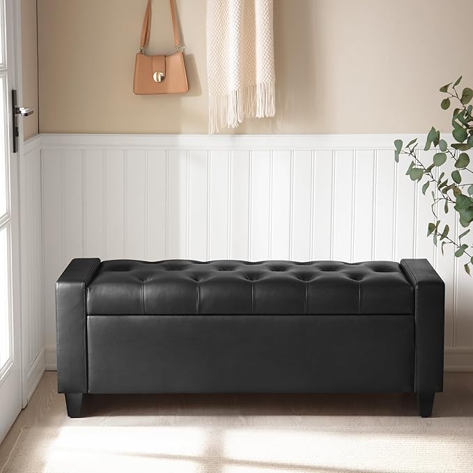 Ottoman with Storage，Storage Ottoman Bench, Storage Bench for Bedroom with Safety Hinge，Bedroom Benches with Seating for Living Room, Entryway (Black-PU)