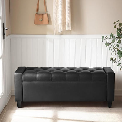 Ottoman with Storage，Storage Ottoman Bench, Storage Bench for Bedroom with Safety Hinge，Bedroom Benches with Seating for Living Room, Entryway (Black-PU)