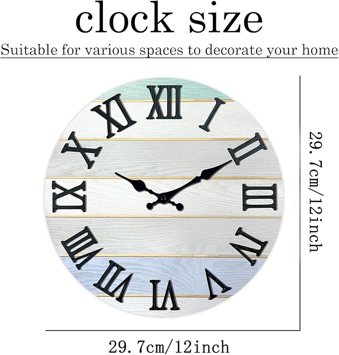 Round Grey Farmhouse Wall Clocks Battery Operated Analog Solid Wood Wall Clocks for Living Room Decor 12 Inch Quiet Wall Clock Non Ticking
