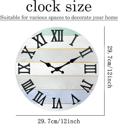 Round Grey Farmhouse Wall Clocks Battery Operated Analog Solid Wood Wall Clocks for Living Room Decor 12 Inch Quiet Wall Clock Non Ticking