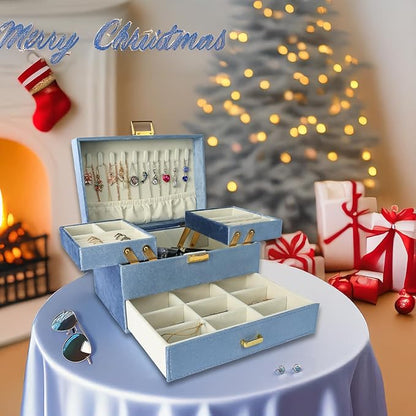 Dajasan Velvet Jewelry Boxes for Women Girls, Jewelry Organizer Box, Jewelry Storage Organizer for Rings Necklaces Bracelets Watch Earring (Blue)
