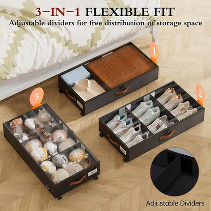 Yecaye Under Bed Storage with Wheels, 2 Pack Under Bed Storage Containers with Adjustable Dividers & Clear Window, Rolling Underbed Organizer Bins Drawers for Clothes, Shoes, Blankets, Black