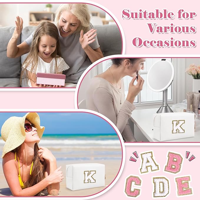 Small Personalized Initial A-Z Preppy Patch Makeup Bag,White PU Chenille Letter Travel Cosmetic Pouch with Zipper,Cute Toiletry Bag,Gift Ideal for Teen Girls Women Teacher Bridesmaid,Letter K