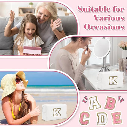 Small Personalized Initial A-Z Preppy Patch Makeup Bag,White PU Chenille Letter Travel Cosmetic Pouch with Zipper,Cute Toiletry Bag,Gift Ideal for Teen Girls Women Teacher Bridesmaid,Letter K