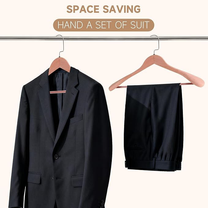 17.5" Wooden Suit Hangers with Non Slip Pants Bar, 2-Pack Wood Extra-Wide Shoulder Hangers with Flat-Head Hook for Suits, Coats, Jackets, Shirts, Pants, Heavy Clothes (Cedar Wood)