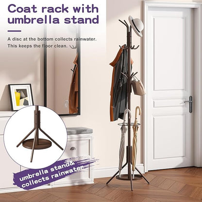 Coat Rack Freestanding,Entryway Hanger Stand,Umbrella Holder,Hall Tree With 12 Hooks, Floor Standing Metal Tree Stand,brown