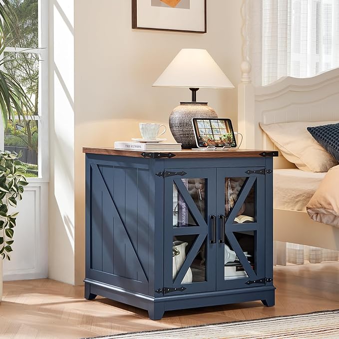 Farmhouse Coffee Table Sets 2 Pieces, Large End Side Tables with Charging Station and Coffee Table with Hidden Storage Compartment, Black Living Room Table Set, Wood Furniture Sets for Home Office