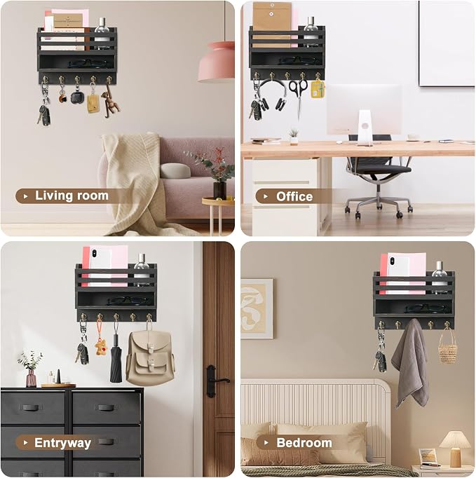 Mail and Key Organizer for Wall – Key Holder Wall Mount with Storage Box and 5 Key Hooks, Mail Holder Wall Mounted for Entryway, Apartment, Office, Home Decor Organization (Black)