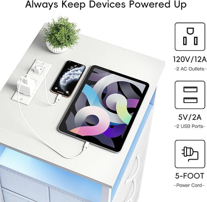 Fixwal White Nightstand with Charging Station, LED Night Stand with 3 Fabric Drawers and Open Shelf, Bedside End Table in Bedroom