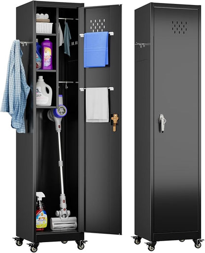 72" H Broom Closet Storage Cabinet, Metal Garage Storage Cabinet with Wheels, Pegboard, Locking Door and Hooks for Garage, Home, Utility Cleaning Cabinet for Broom and Mops, Black