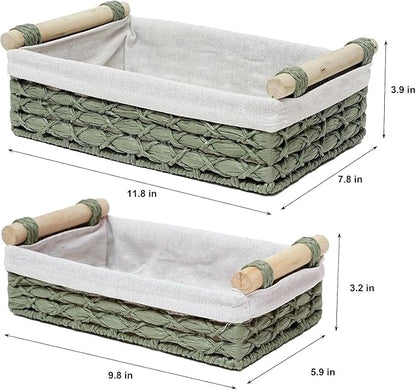Baskets for Organizing, Set of 2 Green Wicker Bathroom Countertop Baskets with Liner, Paper Rope Basket Organizer with Wooden Handles for Vanity, Counter, Shelf Storage