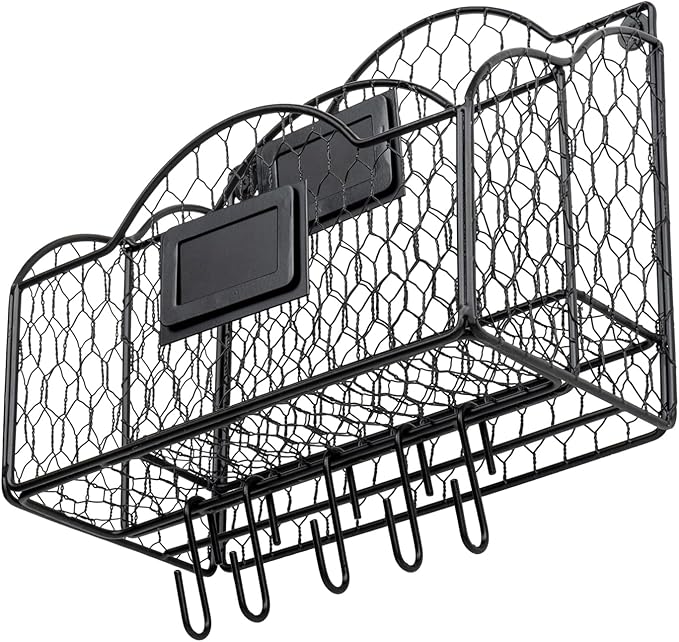 MyGift 2 Compartment Mail Inbox/Outbox Sorter, Wall Mounted Modern Black Metal Wire Entryway Organizer Basket for Mails, Bills and Office Supplies with Chalkboard Labels and 5 Hanging Key Hooks