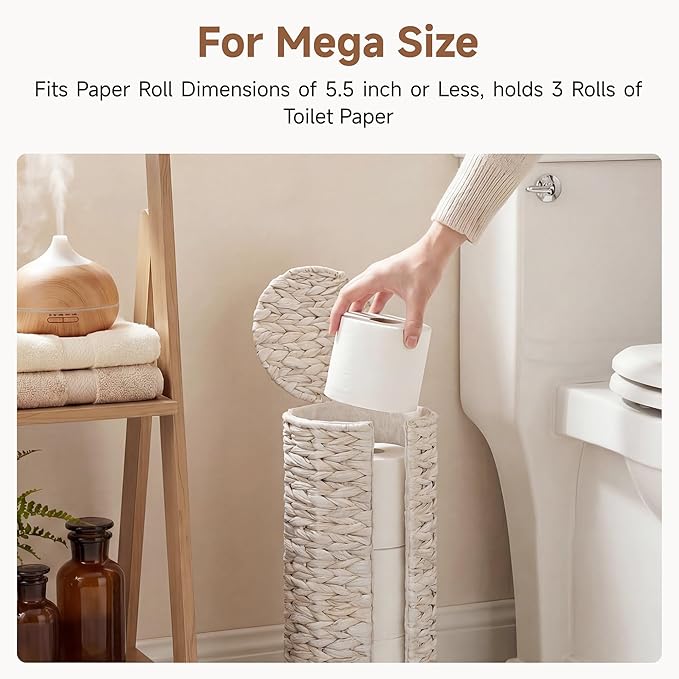 StorageWorks Free Standing Wicker Toilet Paper Holder Stand for Bathroom Storage, Decorative Water Hyacinth Toilet Paper Storage with Lid, 3 Rolls of Tissue Holder with a Built-in Cloth Lining, White