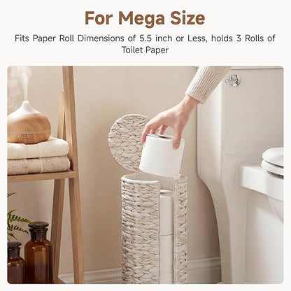 StorageWorks Free Standing Wicker Toilet Paper Holder Stand for Bathroom Storage, Decorative Water Hyacinth Toilet Paper Storage with Lid, 3 Rolls of Tissue Holder with a Built-in Cloth Lining, White