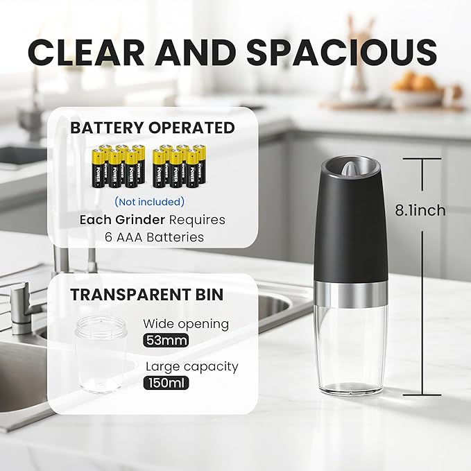 UNNEES Battery Operated Gravity Electric Salt and Pepper Grinder Set, Automatic Salt and Pepper Grinder Set, Adjustable Roughness,12 Batteries Required, LED Light, 2 Pack, (Black)