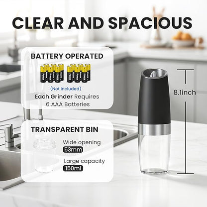 UNNEES Battery Operated Gravity Electric Salt and Pepper Grinder Set, Automatic Salt and Pepper Grinder Set, Adjustable Roughness,12 Batteries Required, LED Light, 2 Pack, (Black)