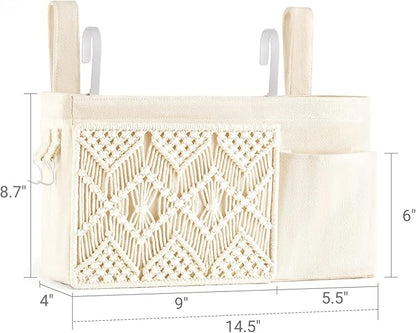 Mkono Bedside Caddy Hanging Organizer, Boho Macrame Storage with Fixed Straps and Hooks, 4 Pockets Holder Remote Magazine Accessories for Home Loft Bunk Bed, Dorm, Hospital Beds