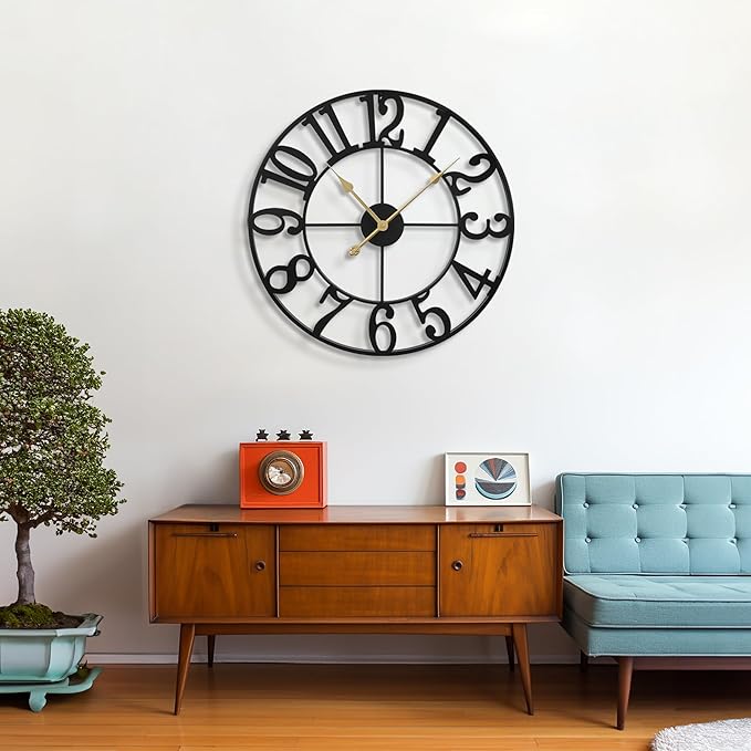 LEIKE Large Wall Clocks,Silent,Non Ticking,Battery Operated Big Retro Round Modern Metal Wall Clock for Living Room, Bedroom,Dinning Room,Farmhouse,Office,Home Decor-20 Inch(Black-Arabic Number)